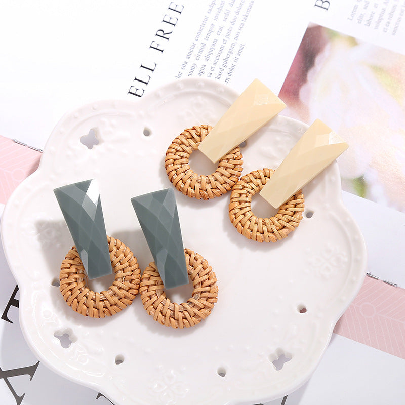 Boucles d'oreilles géométriques creuses en rotin, tissées à la main en bambou et rotin
