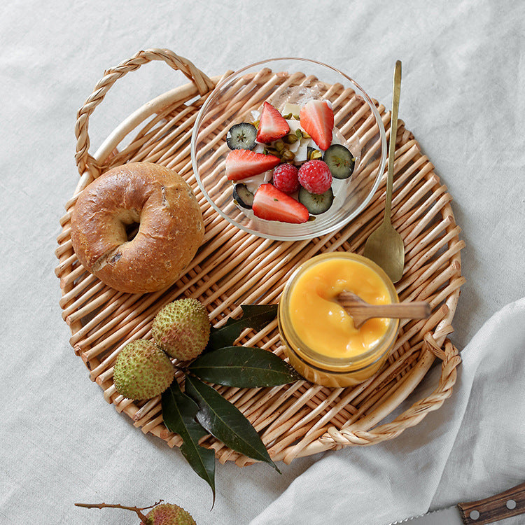 Assiette à fruits ronde multifonctionnelle en rotin, fabriquée à la main et créative, avec deux oreilles