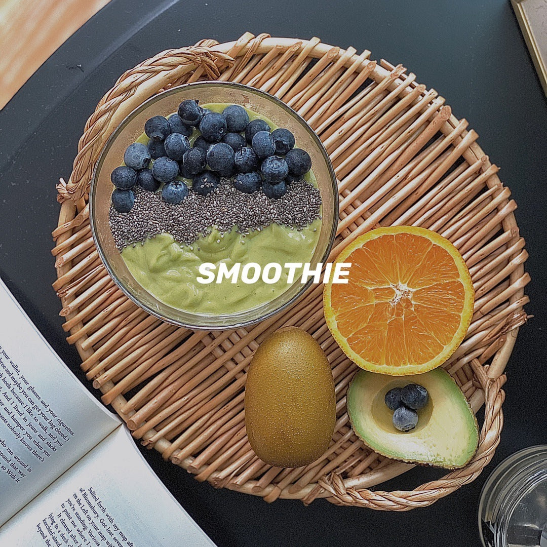 Assiette à fruits ronde multifonctionnelle en rotin, fabriquée à la main et créative, avec deux oreilles