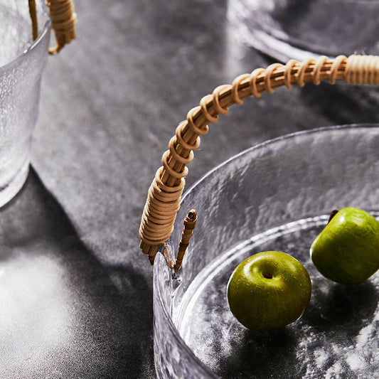 Bamboo Rattan Handle Glass Plate Fruit Basket