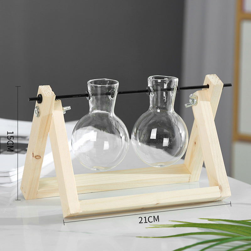 Support en bois pivotant pour plantes hydroponiques, vase en verre