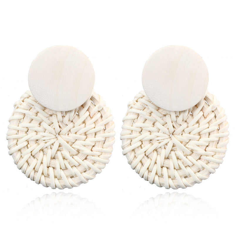 Boucles d'oreilles géométriques creuses en rotin, tissées à la main en bambou et rotin