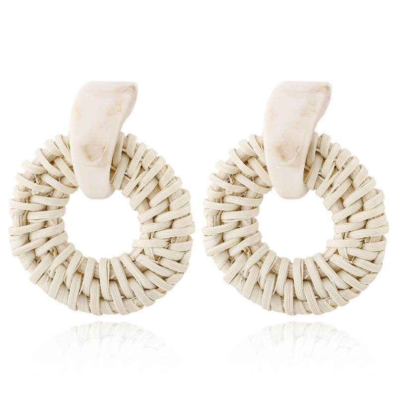 Boucles d'oreilles géométriques creuses en rotin, tissées à la main en bambou et rotin