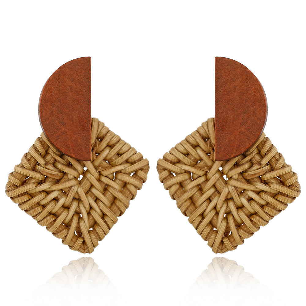 Boucles d'oreilles en bois et rotin géométriques multicouches