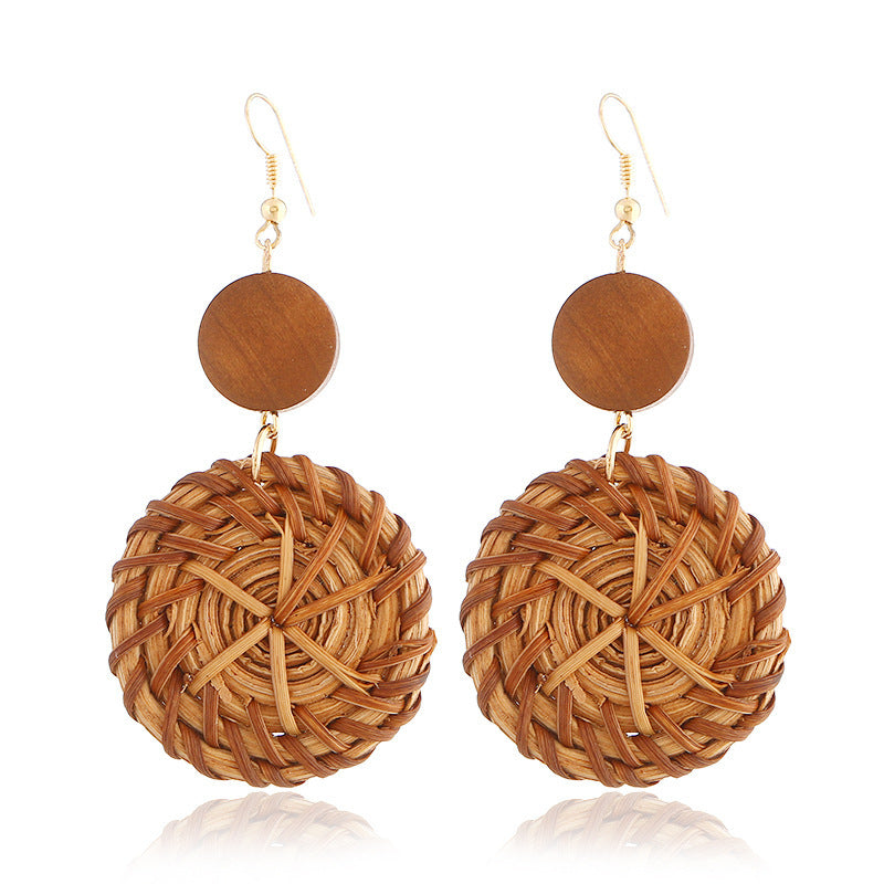 Boucles d'oreilles géométriques creuses en rotin, tissées à la main en bambou et rotin