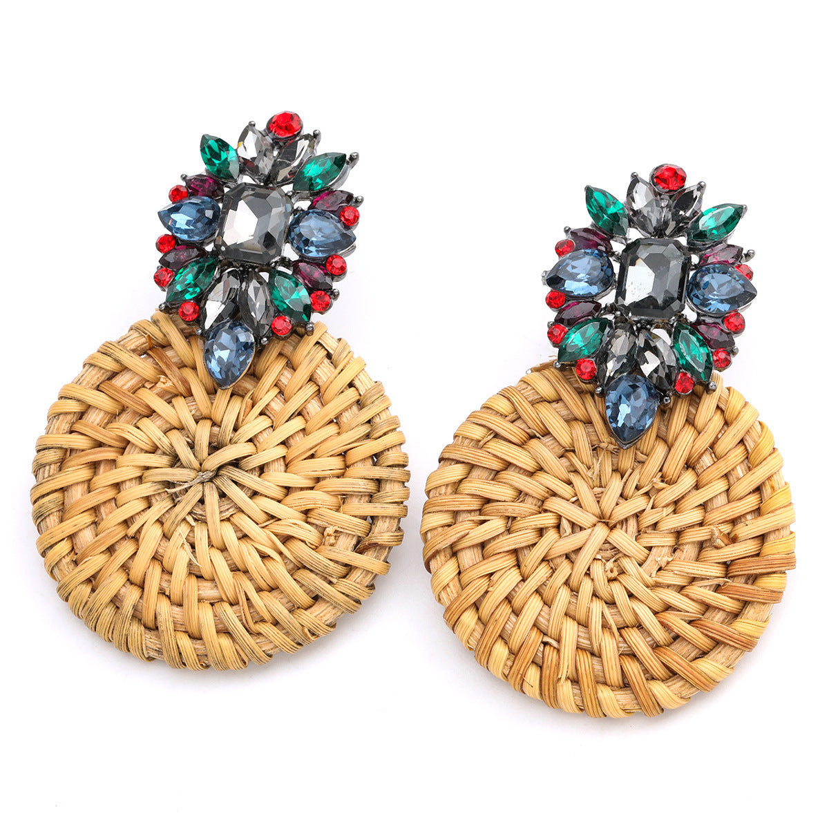 Boucles d'oreilles rondes en rotin tissé, en alliage et diamant, à la personnalité créative