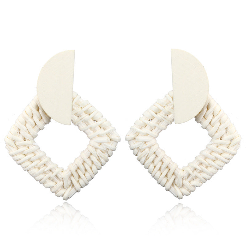 Boucles d'oreilles géométriques creuses en rotin, tissées à la main en bambou et rotin