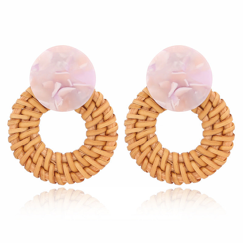 Boucles d'oreilles géométriques creuses en rotin, tissées à la main en bambou et rotin