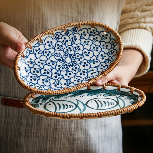 Assiette à fruits créative en céramique japonaise en rotin du Vietnam
