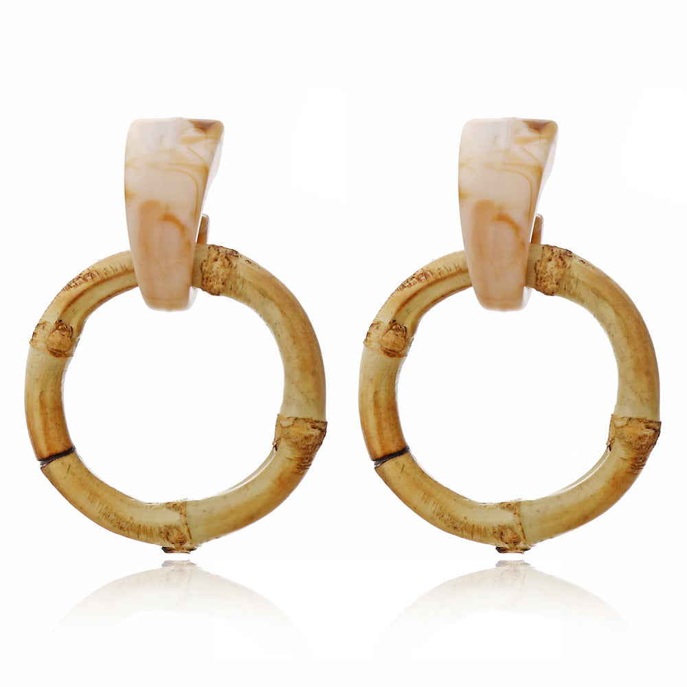 Boucles d'oreilles en bois et rotin géométriques multicouches