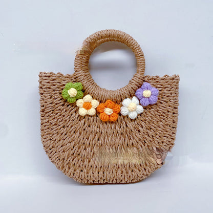 Sac en paille tissé style Mori, fleurs douces, porté à la main, tricot