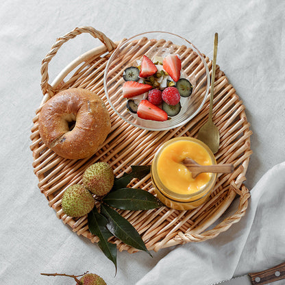 Assiette à fruits ronde multifonctionnelle en rotin, fabriquée à la main et créative, avec deux oreilles