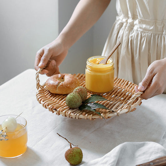 Assiette à fruits ronde multifonctionnelle en rotin, fabriquée à la main et créative, avec deux oreilles