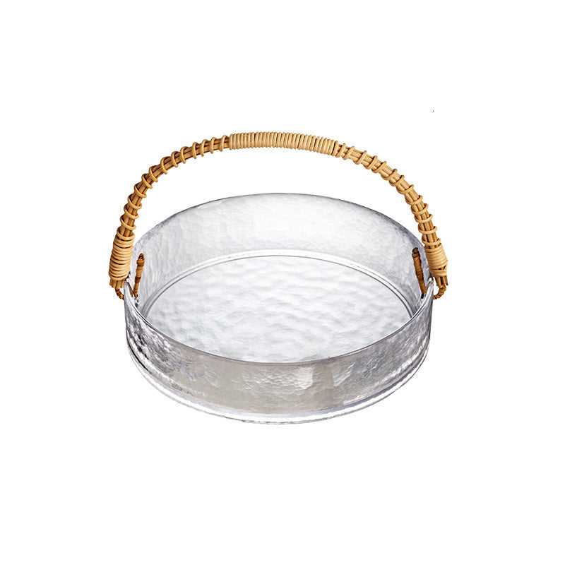 Bamboo Rattan Handle Glass Plate Fruit Basket