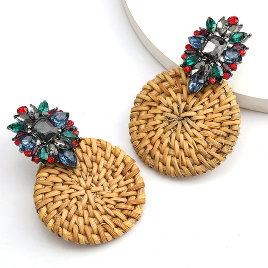 Boucles d'oreilles rondes en rotin tissé, en alliage et diamant, à la personnalité créative