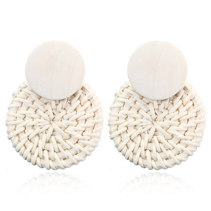 Boucles d'oreilles géométriques creuses en rotin, tissées à la main en bambou et rotin