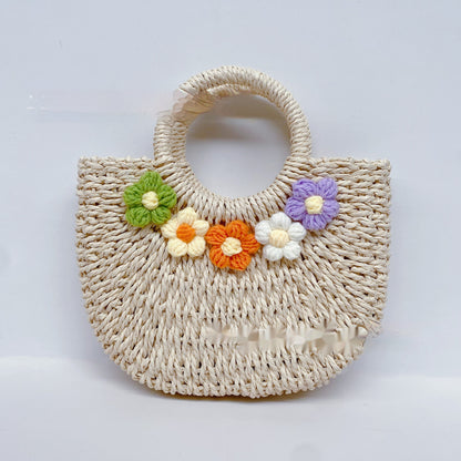 Sac en paille tissé style Mori, fleurs douces, porté à la main, tricot