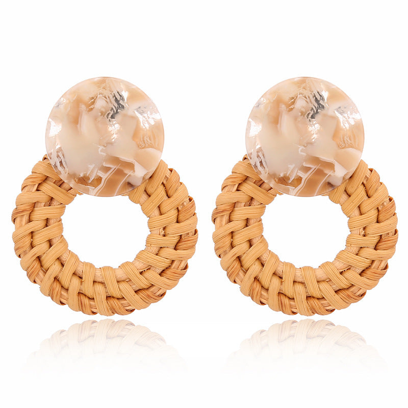 Boucles d'oreilles géométriques creuses en rotin, tissées à la main en bambou et rotin