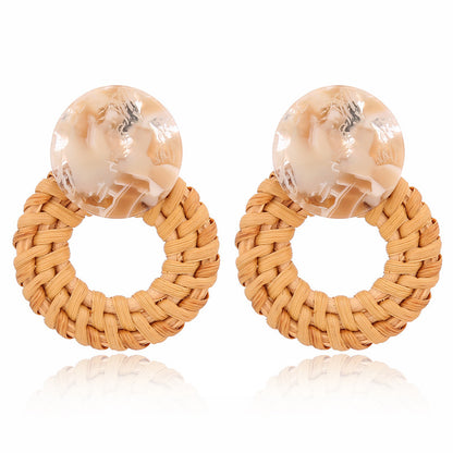 Boucles d'oreilles géométriques creuses en rotin, tissées à la main en bambou et rotin