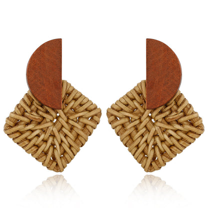 Boucles d'oreilles en bois et rotin géométriques multicouches