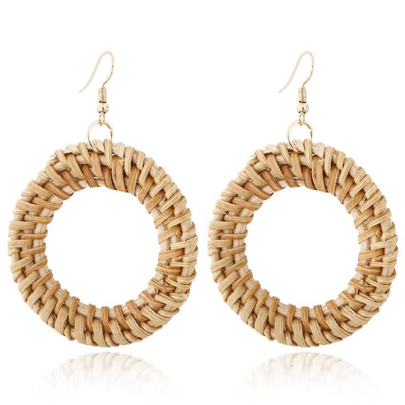 Boucles d'oreilles géométriques creuses en rotin, tissées à la main en bambou et rotin