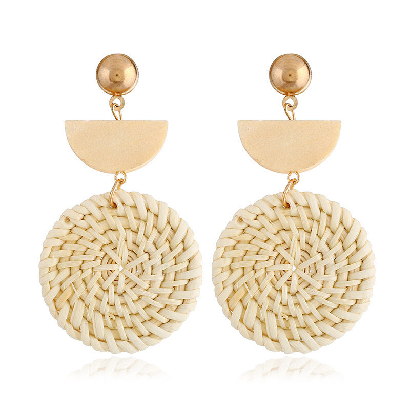 Boucles d'oreilles géométriques creuses en rotin, tissées à la main en bambou et rotin