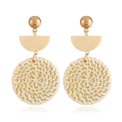 Boucles d'oreilles géométriques creuses en rotin, tissées à la main en bambou et rotin