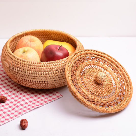Assiette à fruits tressée en rotin avec couvercle pour usage domestique