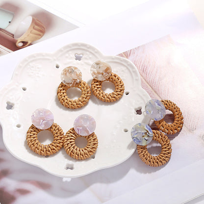 Boucles d'oreilles géométriques creuses en rotin, tissées à la main en bambou et rotin