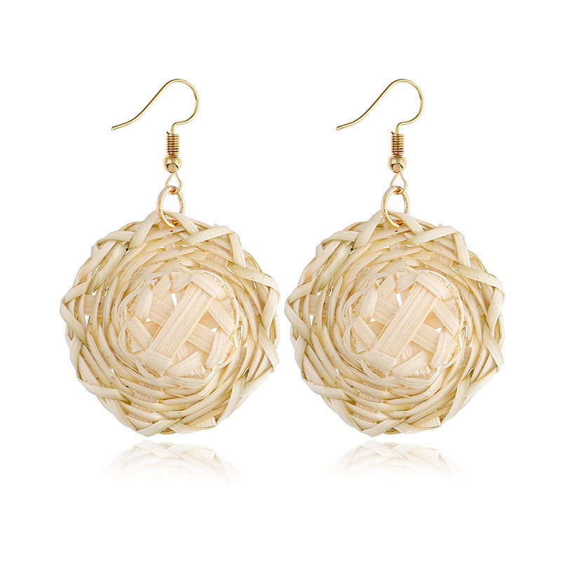 Boucles d'oreilles géométriques creuses en rotin, tissées à la main en bambou et rotin