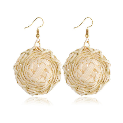 Boucles d'oreilles géométriques creuses en rotin, tissées à la main en bambou et rotin