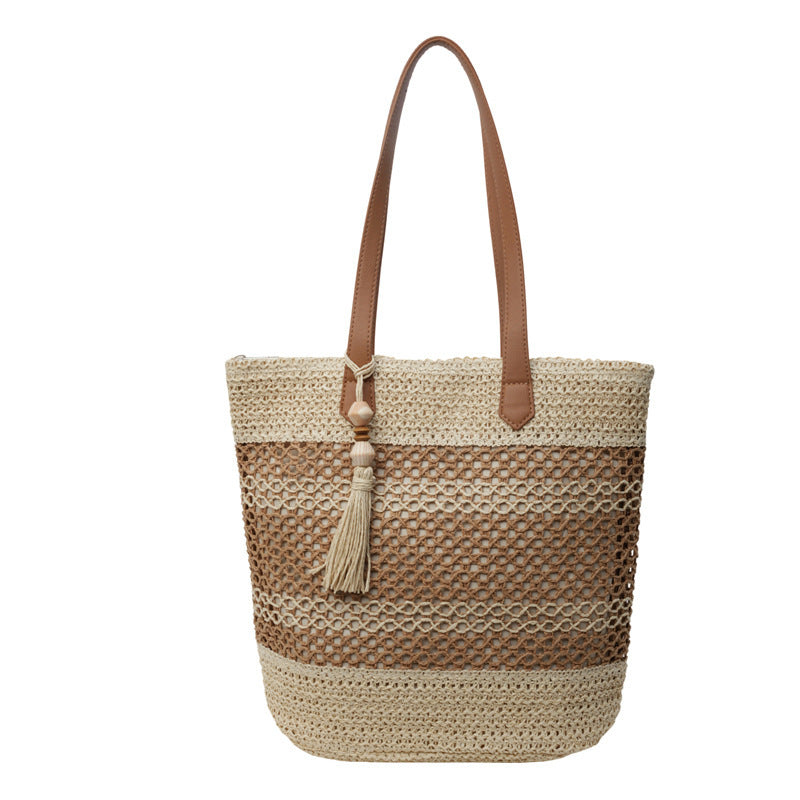 Sacs à bandoulière en paille à rayures d'été avec pendentif pompon, sacs de plage tendance de grande capacité pour vacances en bord de mer