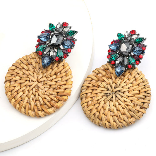 Boucles d'oreilles rondes en rotin tissé, en alliage et diamant, à la personnalité créative