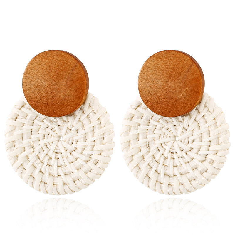 Boucles d'oreilles géométriques creuses en rotin, tissées à la main en bambou et rotin