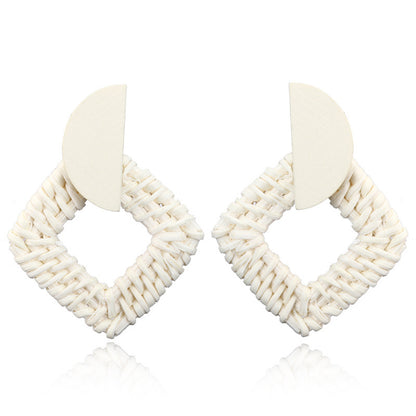 Boucles d'oreilles géométriques creuses en rotin, tissées à la main en bambou et rotin