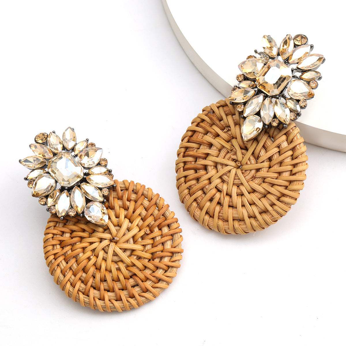 Boucles d'oreilles rondes en rotin tissé, en alliage et diamant, à la personnalité créative