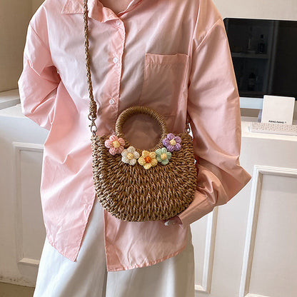 Sac en paille tissé style Mori, fleurs douces, porté à la main, tricot