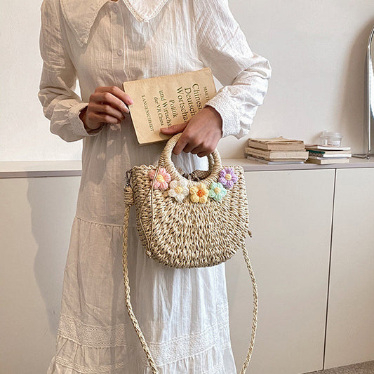 Sac en paille tissé style Mori, fleurs douces, porté à la main, tricot