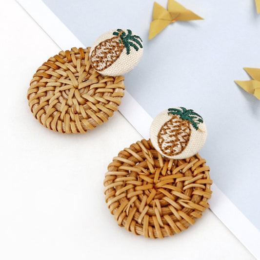 Boucles d'oreilles géométriques creuses en rotin, tissées à la main en bambou et rotin