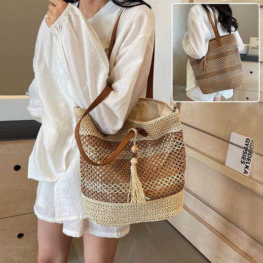 Sacs à bandoulière en paille à rayures d'été avec pendentif pompon, sacs de plage tendance de grande capacité pour vacances en bord de mer