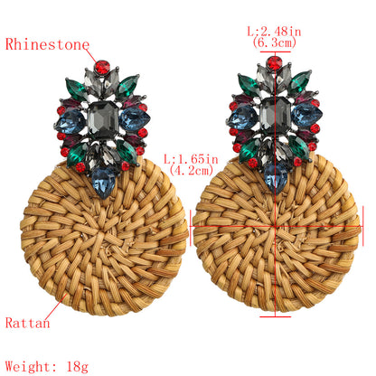Boucles d'oreilles rondes en rotin tissé, en alliage et diamant, à la personnalité créative