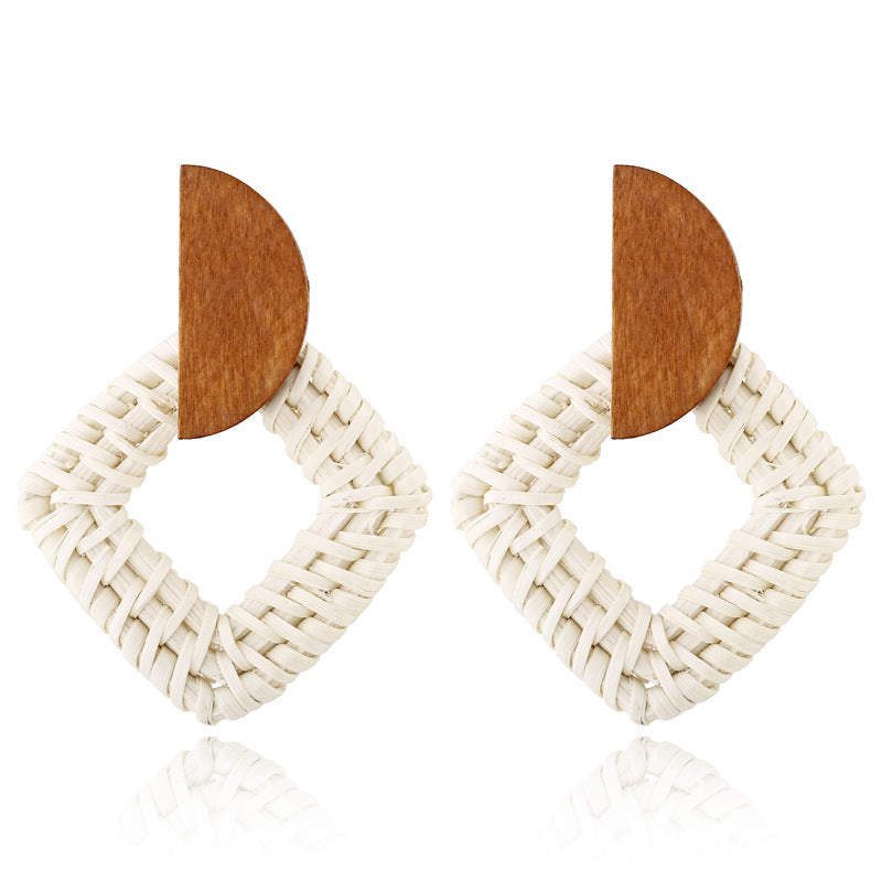 Boucles d'oreilles géométriques creuses en rotin, tissées à la main en bambou et rotin