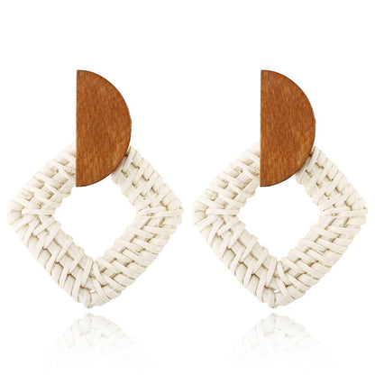 Boucles d'oreilles géométriques creuses en rotin, tissées à la main en bambou et rotin