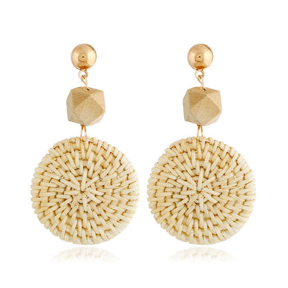 Boucles d'oreilles géométriques creuses en rotin, tissées à la main en bambou et rotin