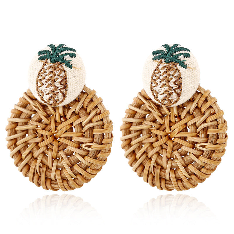 Boucles d'oreilles géométriques creuses en rotin, tissées à la main en bambou et rotin