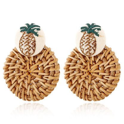 Boucles d'oreilles géométriques creuses en rotin, tissées à la main en bambou et rotin