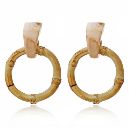 Boucles d'oreilles en bois et rotin géométriques multicouches
